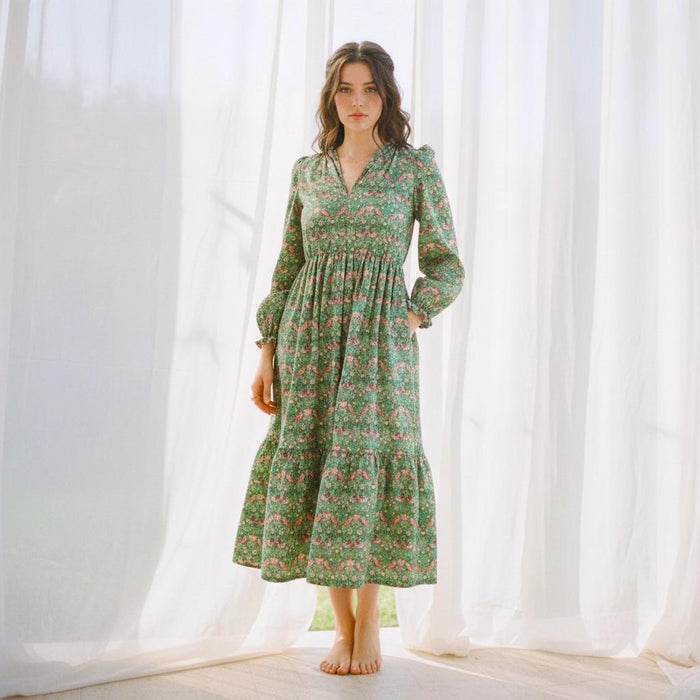 Liberty London V-neck Smock Puffed Long-Sleeved Midi Dress, Handmade Sustainable Womenswear, Botanical Tailoring Ethical-wear