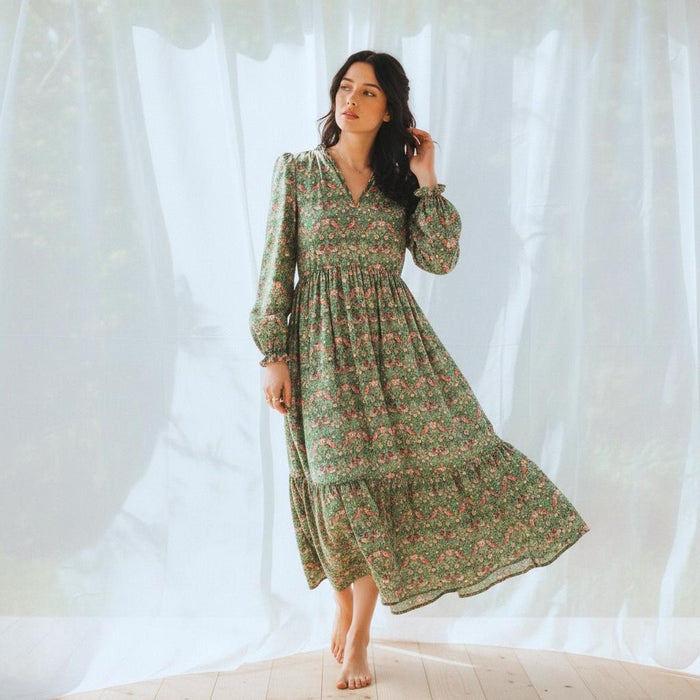 Liberty London V-neck Smock Puffed Long-Sleeved Midi Dress, Handmade Sustainable Womenswear, Botanical Tailoring Ethical-wear