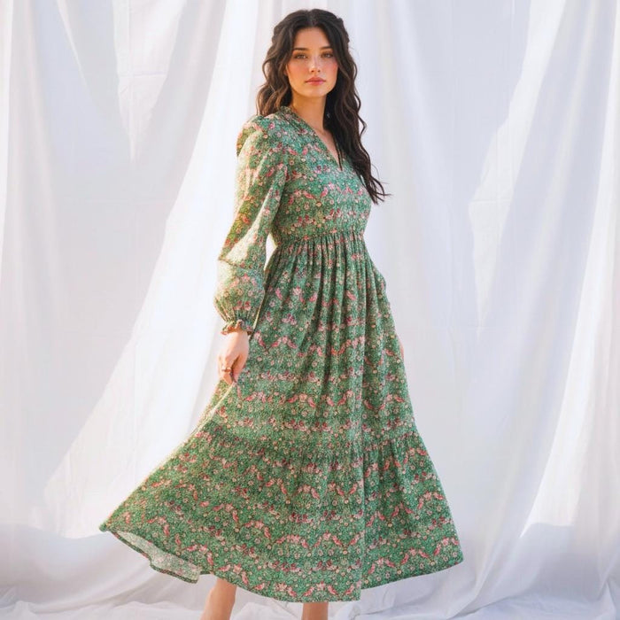 Liberty London V-neck Smock Puffed Long-Sleeved Midi Dress, Handmade Sustainable Womenswear, Botanical Tailoring Ethical-wear