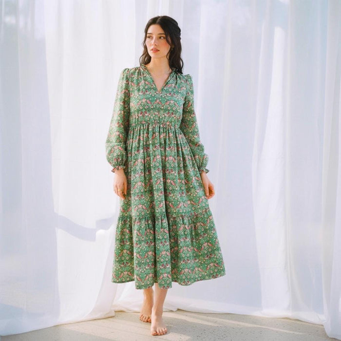 Liberty London V-neck Smock Puffed Long-Sleeved Midi Dress, Handmade Sustainable Womenswear, Botanical Tailoring Ethical-wear