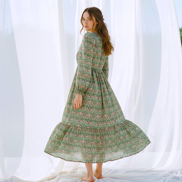 Liberty London V-neck Smock Puffed Long-Sleeved Midi Dress, Handmade Sustainable Womenswear, Botanical Tailoring Ethical-wear