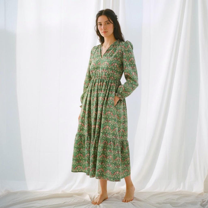 Liberty London V-neck Smock Puffed Long-Sleeved Midi Dress, Handmade Sustainable Womenswear, Botanical Tailoring Ethical-wear