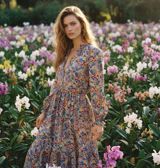 Liberty London V Neck Tiered Dress: Midi Long Sleeve, Floral Print Cotton Tana Lawn