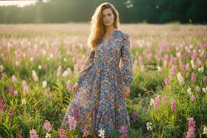 Liberty London V Neck Tiered Dress: Midi Long Sleeve, Floral Print Cotton Tana Lawn