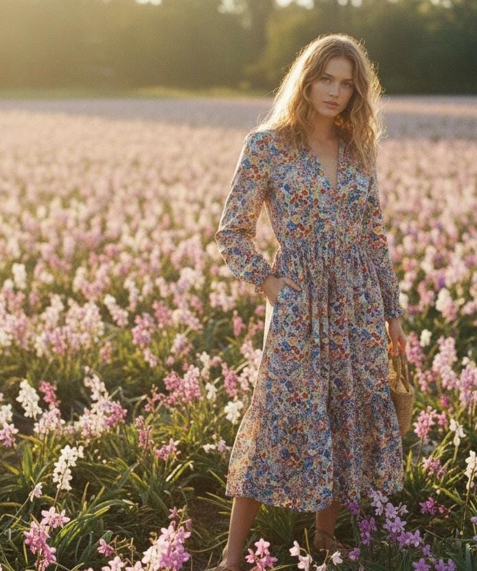 Liberty London V Neck Tiered Dress: Midi Long Sleeve, Floral Print Cotton Tana Lawn