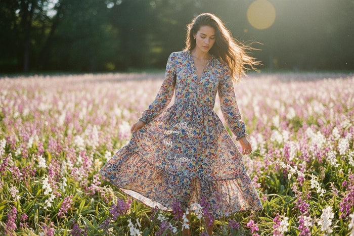 Liberty London V Neck Tiered Dress: Midi Long Sleeve, Floral Print Cotton Tana Lawn