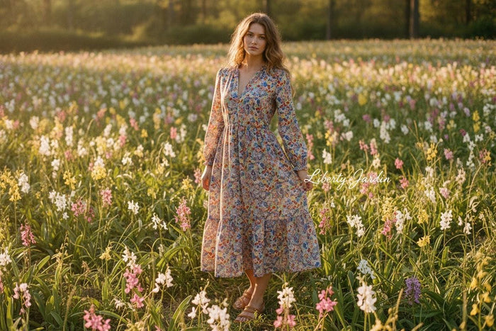 Liberty London V Neck Tiered Dress: Midi Long Sleeve, Floral Print Cotton Tana Lawn