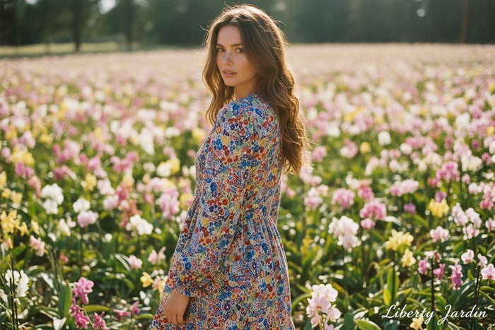 Liberty London V Neck Tiered Dress: Midi Long Sleeve, Floral Print Cotton Tana Lawn