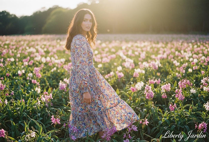 Liberty London V Neck Tiered Dress: Midi Long Sleeve, Floral Print Cotton Tana Lawn