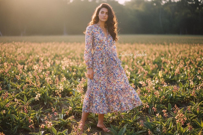 Liberty London V Neck Tiered Dress: Midi Long Sleeve, Floral Print Cotton Tana Lawn