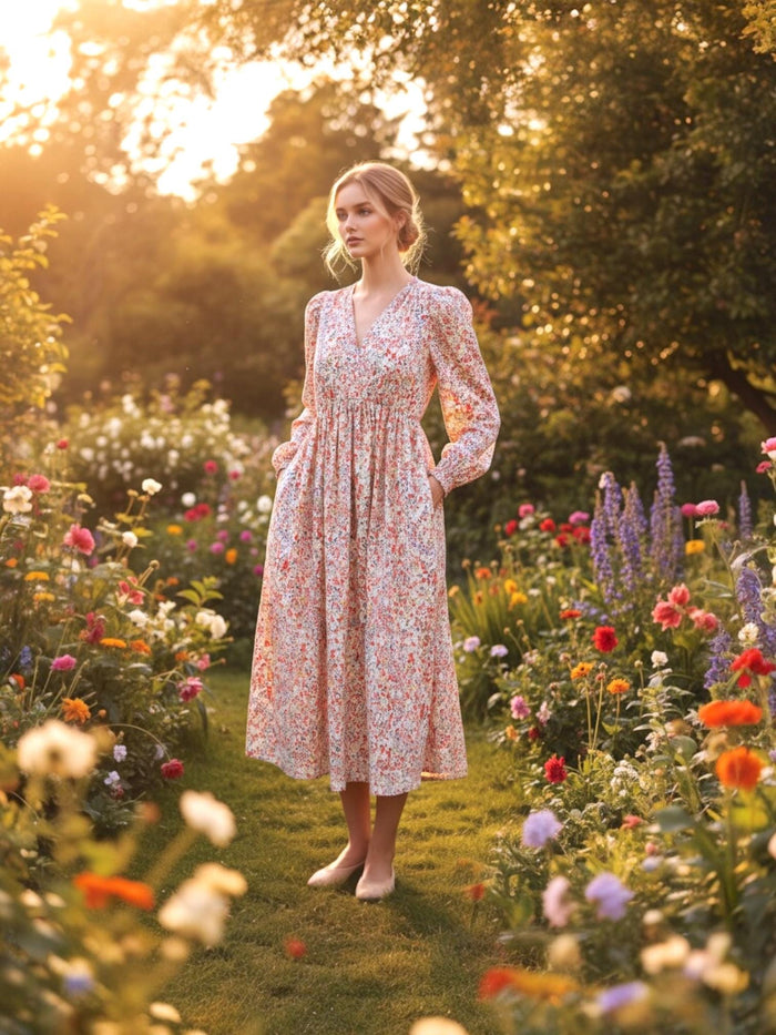 May include: A floral print midi dress with long sleeves and a V-neck. The dress features a pink and white floral pattern and is worn in a garden setting. The dress has a gathered waist and pockets.