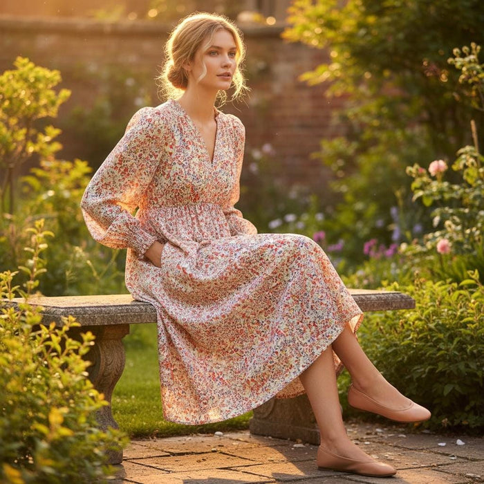 Liberty London V Neck Tiered Dress: Midi Long Sleeve, Floral Print Cotton