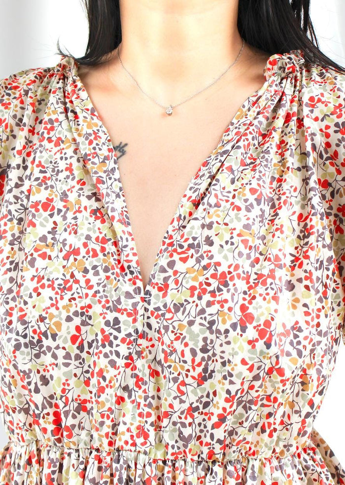 Liberty London V Neck Tiered Dress: Midi Long Sleeve, Floral Print Cotton