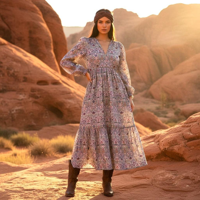 Liberty London V Neck Tiered Dress: Midi Long Sleeve, Floral Print Cotton