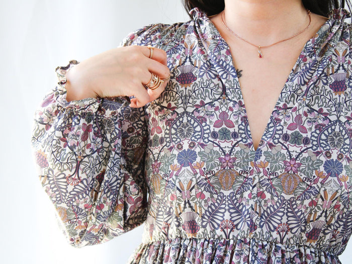 Liberty London V Neck Tiered Dress: Midi Long Sleeve, Floral Print Cotton
