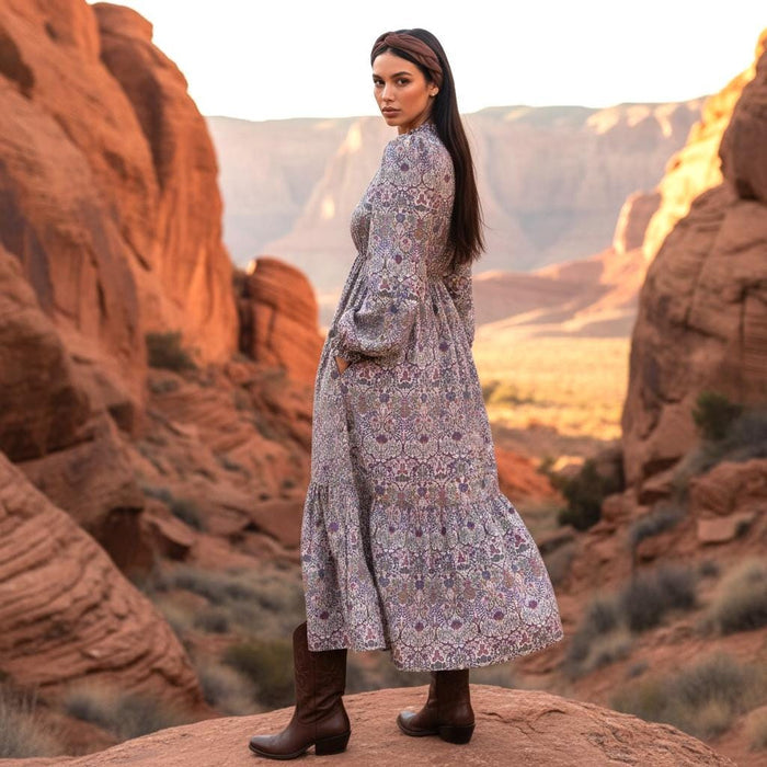 Liberty London V Neck Tiered Dress: Midi Long Sleeve, Floral Print Cotton