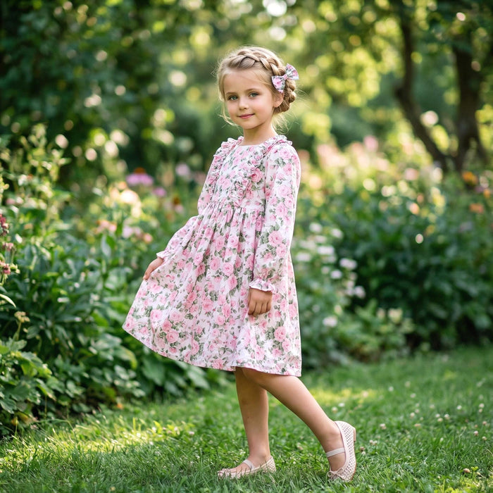 May include: A young girl wearing a long-sleeved, pink floral dress with a ruffled neckline and cuffs. The dress features a pattern of pink roses on a white background. She is standing on green grass, wearing beige shoes, and has a flower in her hair.