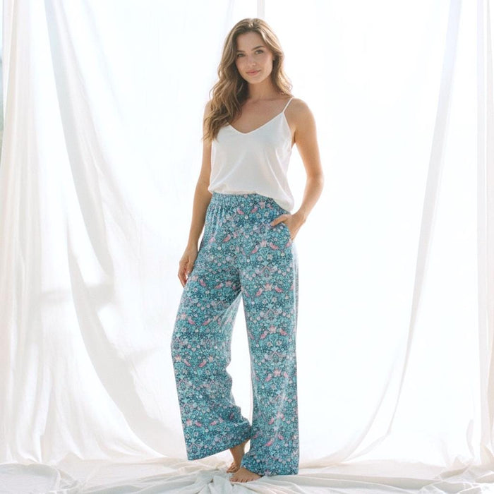 Liberty London Wide Leg Palazzo Pants, Floral Print Blue Pink Strawberry Thief Loungewear Trousers