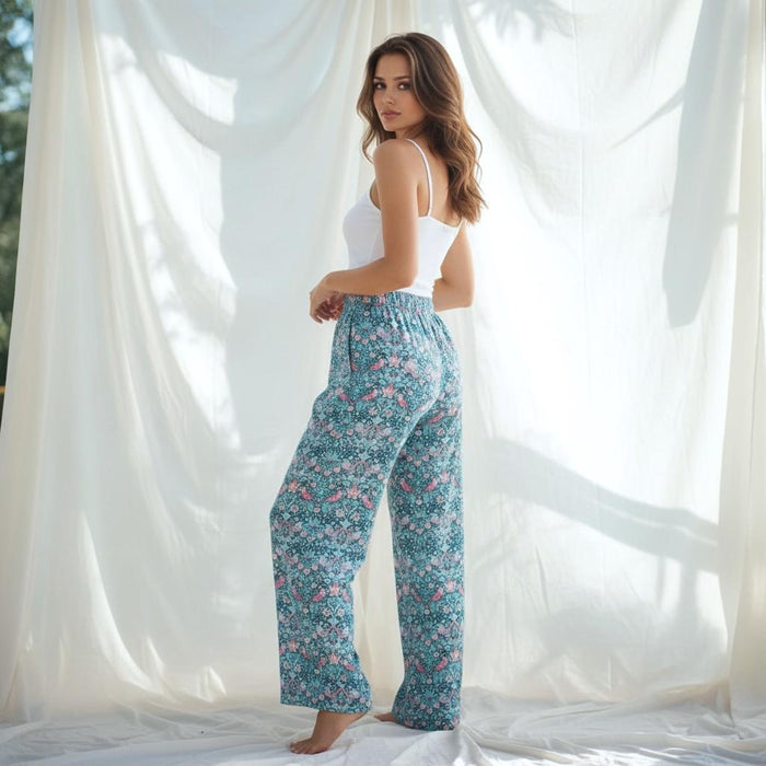 Liberty London Wide Leg Palazzo Pants, Floral Print Blue Pink Strawberry Thief Loungewear Trousers
