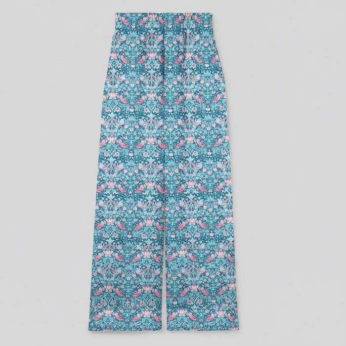Liberty London Wide Leg Palazzo Pants, Floral Print Blue Pink Strawberry Thief Loungewear Trousers