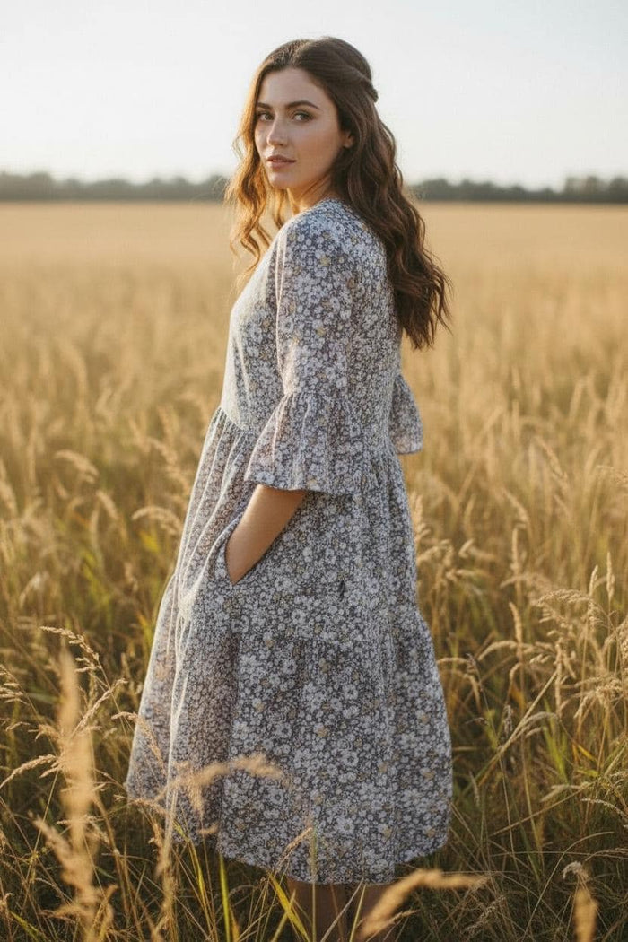 Liberty London Woman Botanical Midi Dress: 3/4 Bell Sleeves, Tiered Cotton Floral Print