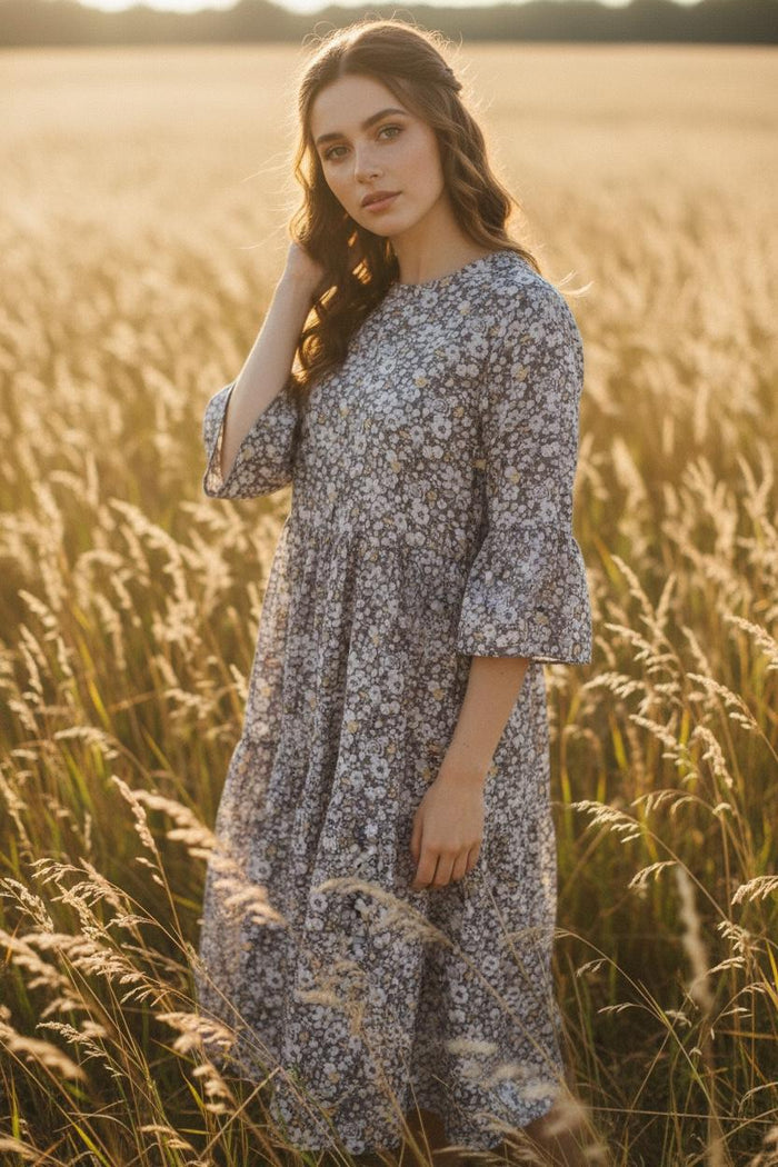 Liberty London Woman Botanical Midi Dress: 3/4 Bell Sleeves, Tiered Cotton Floral Print