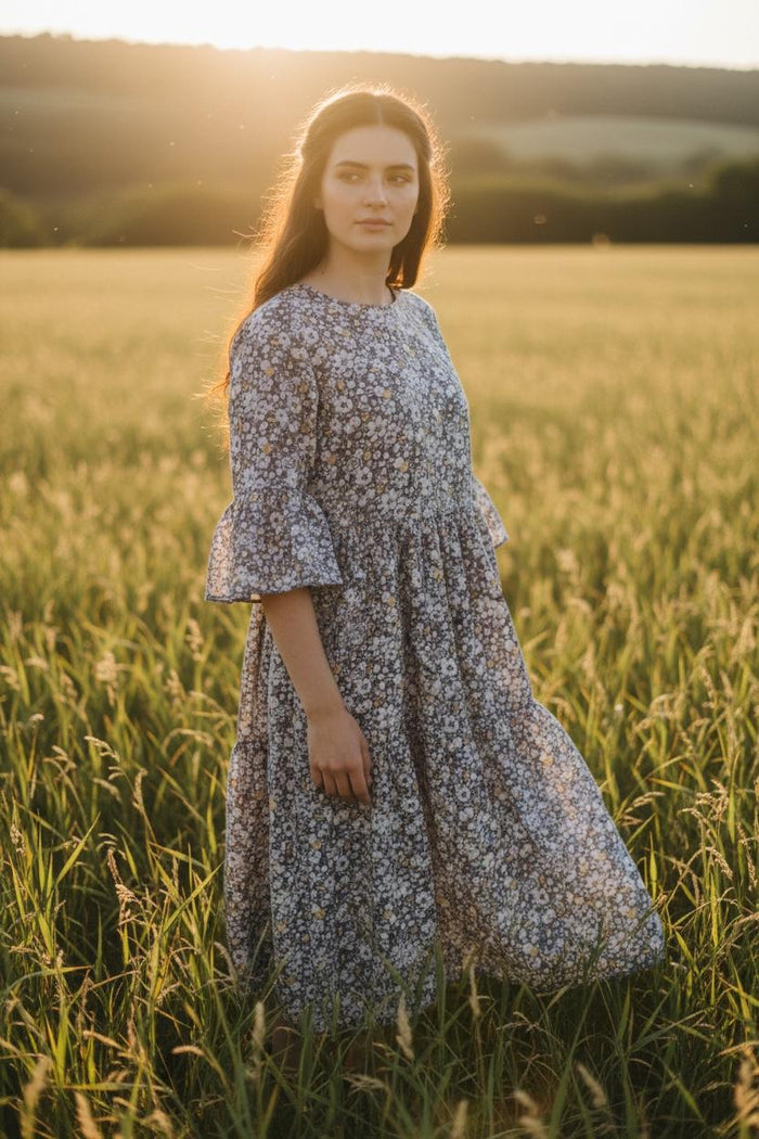 Liberty London Woman Botanical Midi Dress: 3/4 Bell Sleeves, Tiered Cotton Floral Print