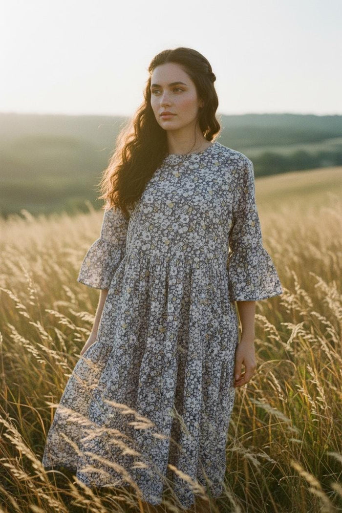 Liberty London Woman Botanical Midi Dress: 3/4 Bell Sleeves, Tiered Cotton Floral Print