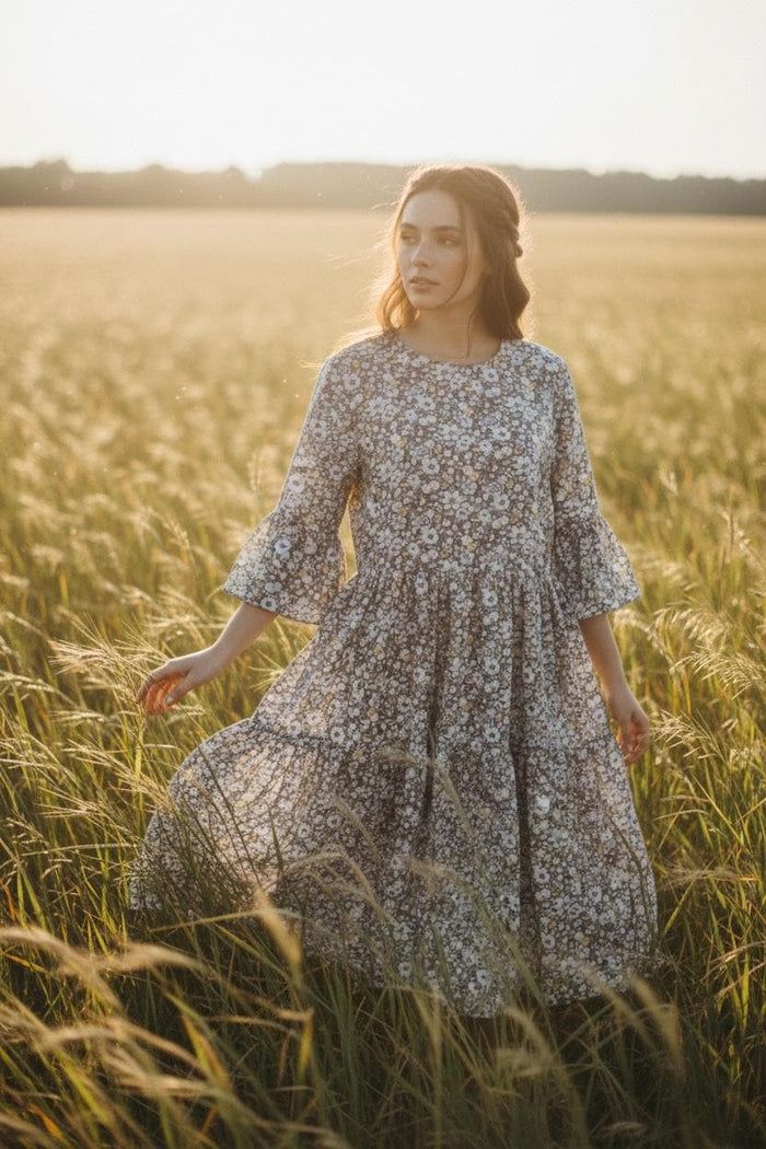 Liberty London Woman Botanical Midi Dress: 3/4 Bell Sleeves, Tiered Cotton Floral Print