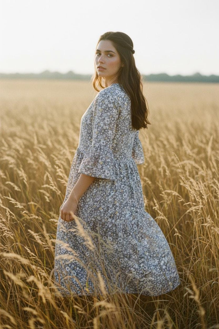 Liberty London Woman Botanical Midi Dress: 3/4 Bell Sleeves, Tiered Cotton Floral Print