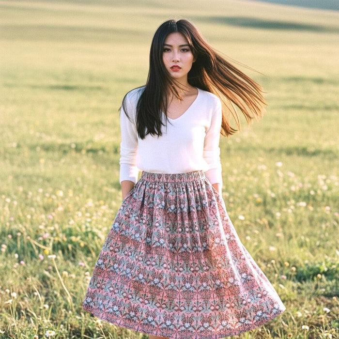 Liberty London Woman Midi Skirt: Elastic Waist Flare Skirt, Ditsy Botanical Floral Print