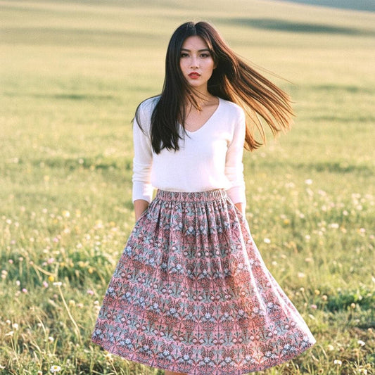 Liberty London Woman Midi Skirt: Elastic Waist Flare Skirt, Ditsy Botanical Floral Print