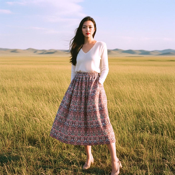 Liberty London Woman Midi Skirt: Elastic Waist Flare Skirt, Ditsy Botanical Floral Print