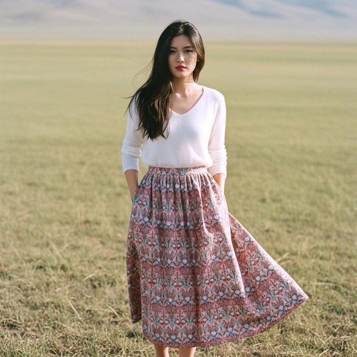 Liberty London Woman Midi Skirt: Elastic Waist Flare Skirt, Ditsy Botanical Floral Print