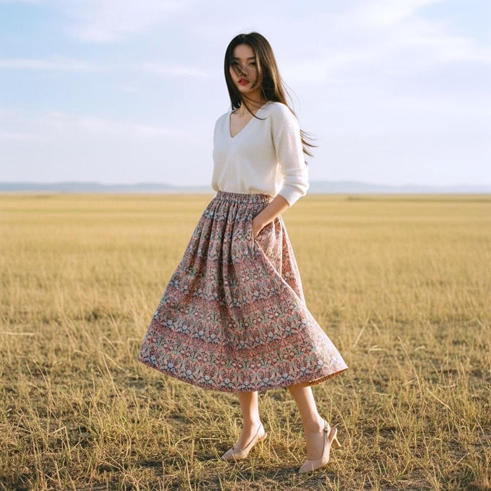Liberty London Woman Midi Skirt: Elastic Waist Flare Skirt, Ditsy Botanical Floral Print