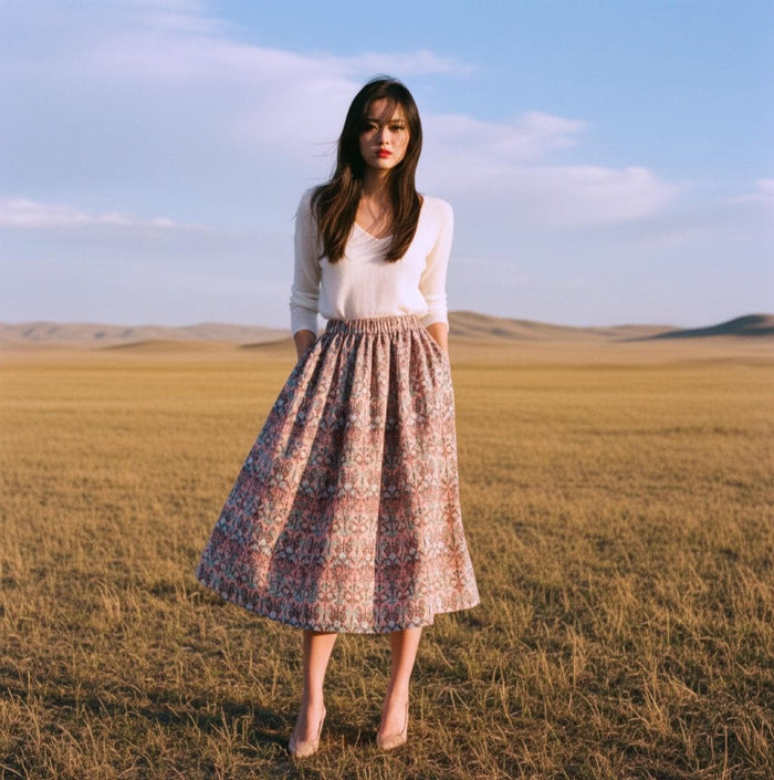 Liberty London Woman Midi Skirt: Elastic Waist Flare Skirt, Ditsy Botanical Floral Print