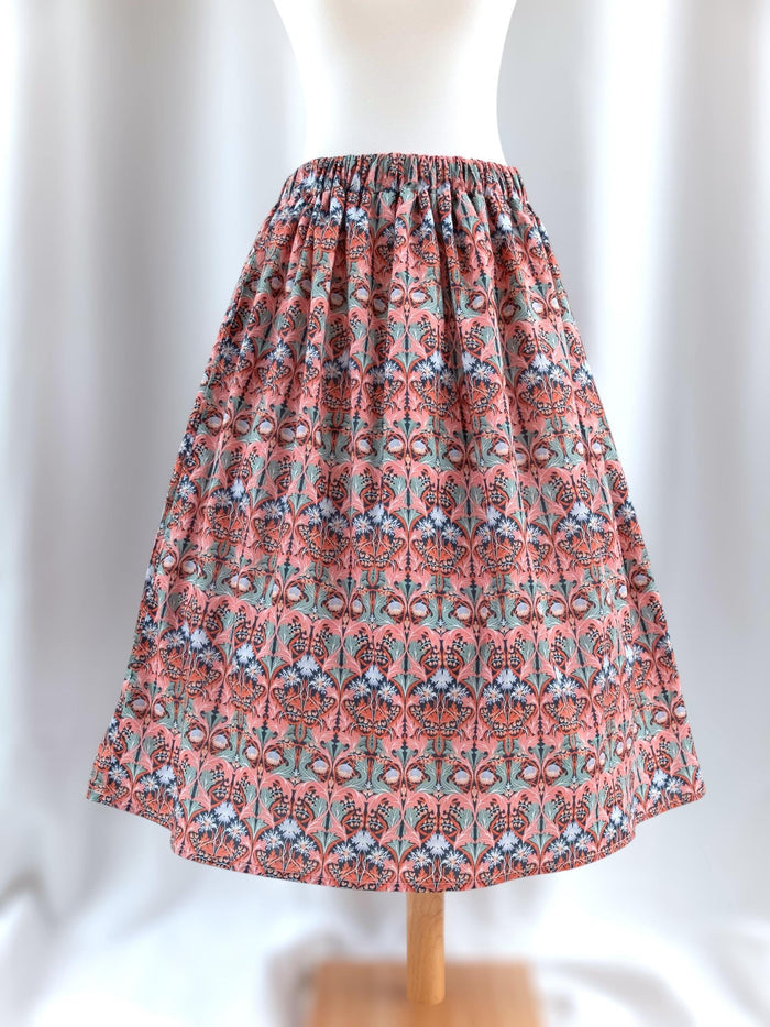 Liberty London Woman Midi Skirt: Elastic Waist Flare Skirt, Ditsy Botanical Floral Print