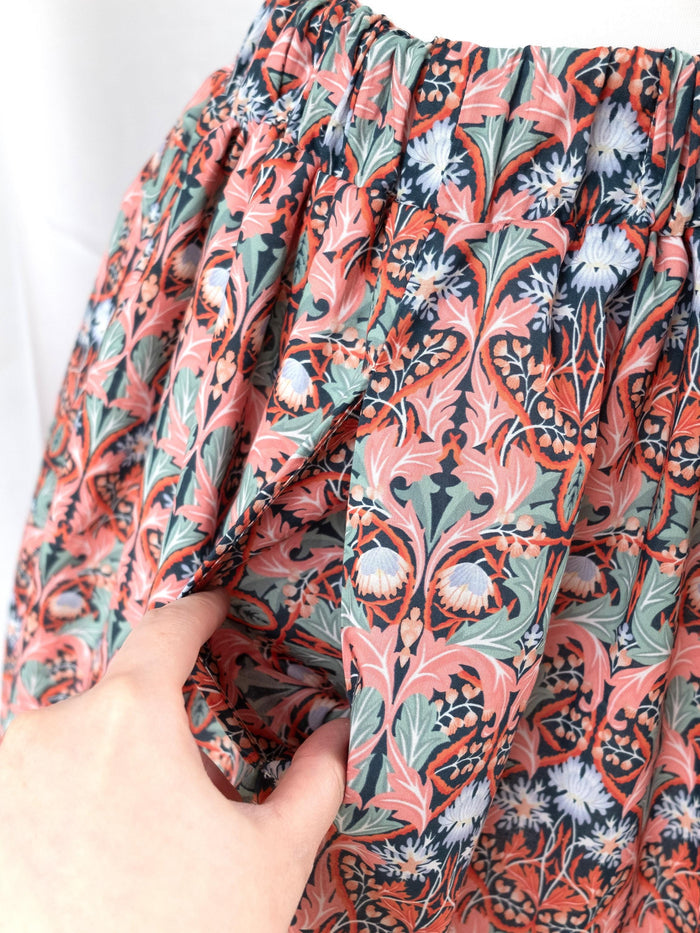 Liberty London Woman Midi Skirt: Elastic Waist Flare Skirt, Ditsy Botanical Floral Print