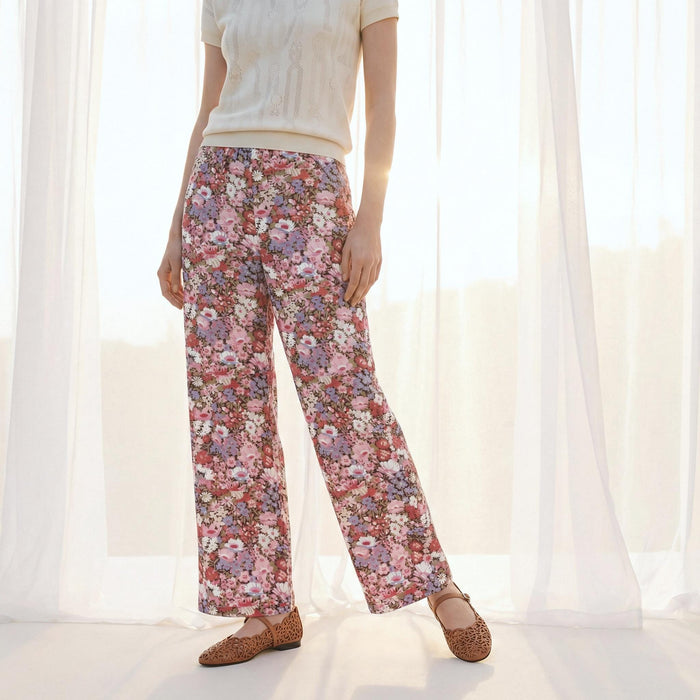 Liberty London Woman Wide-legged Palazzo Pants, Handmade Womenswear, Botanical Floral-printed Lightweight Clothing, Elastic-waisted Trousers
