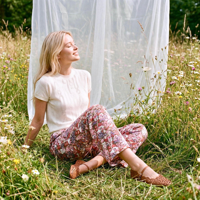 Liberty London Woman Wide-legged Palazzo Pants, Handmade Womenswear, Botanical Floral-printed Lightweight Clothing, Elastic-waisted Trousers