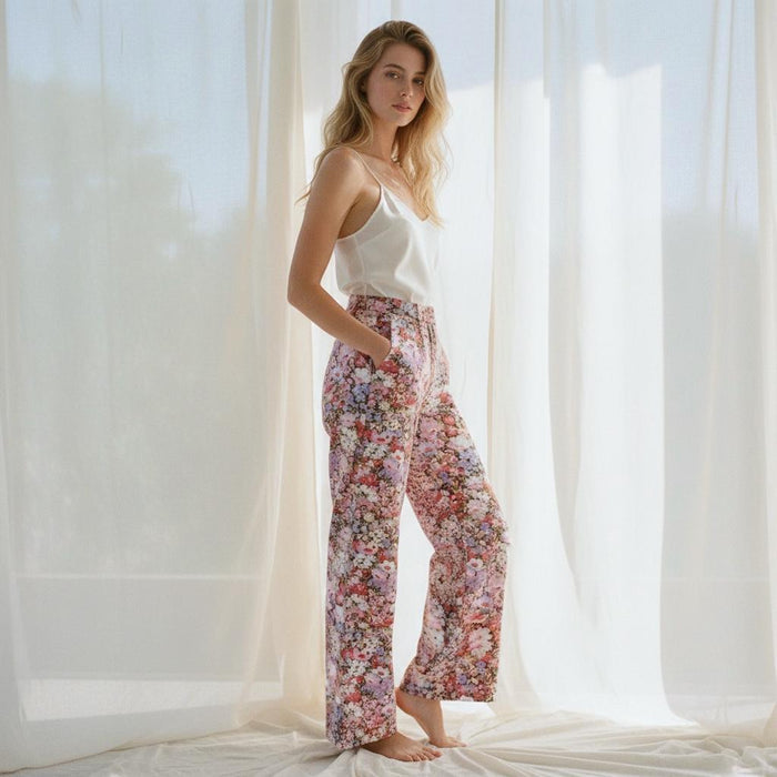 Liberty London Woman Wide-legged Palazzo Pants, Handmade Womenswear, Botanical Floral-printed Lightweight Clothing, Elastic-waisted Trousers