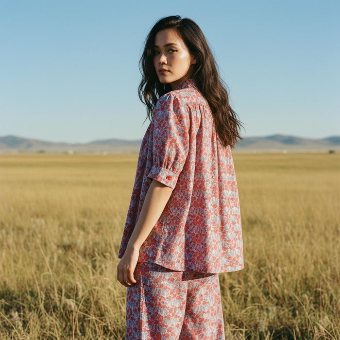 Liberty Mandarin Collar Gather Blouse: Ditsy Floral Print, Botanical Short Sleeve Shirt