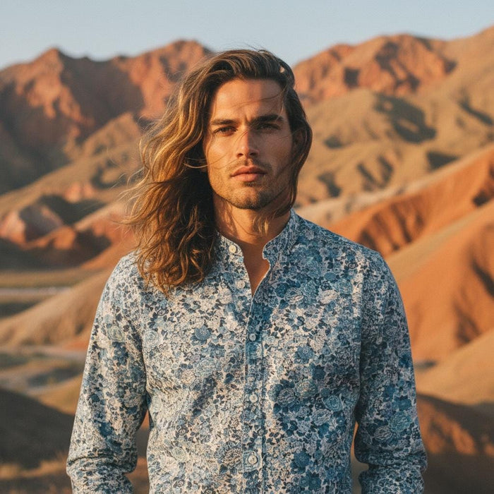 Liberty Print Fabric Long Sleeve Men Shirt: Mandarin Collar Button Up, Botanical Floral Cotton