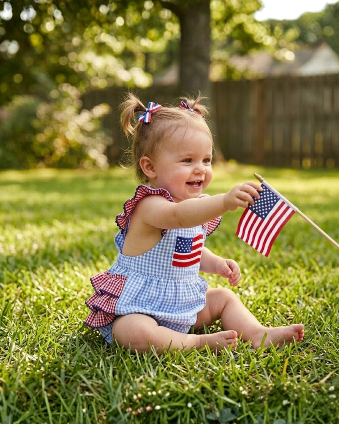 Light Blue and Red Gingham USA Flag Ruffle Romper - Lil Cactus