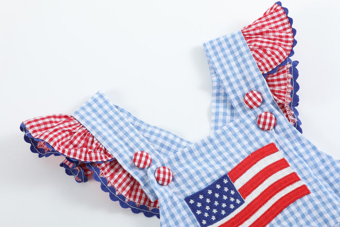 Light Blue and Red Gingham USA Flag Ruffle Romper - Lil Cactus
