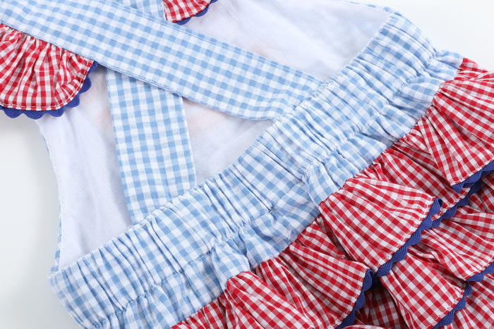 Light Blue and Red Gingham USA Flag Ruffle Romper - Lil Cactus