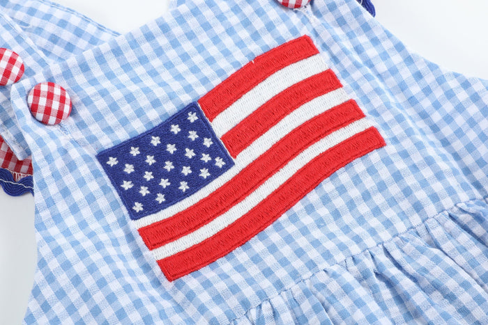 Light Blue and Red Gingham USA Flag Ruffle Romper - Lil Cactus
