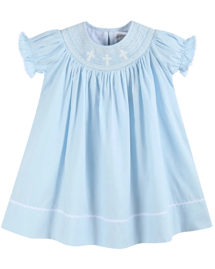 Light Blue Crosses Smocked Bishop Dress - Lil Cactus