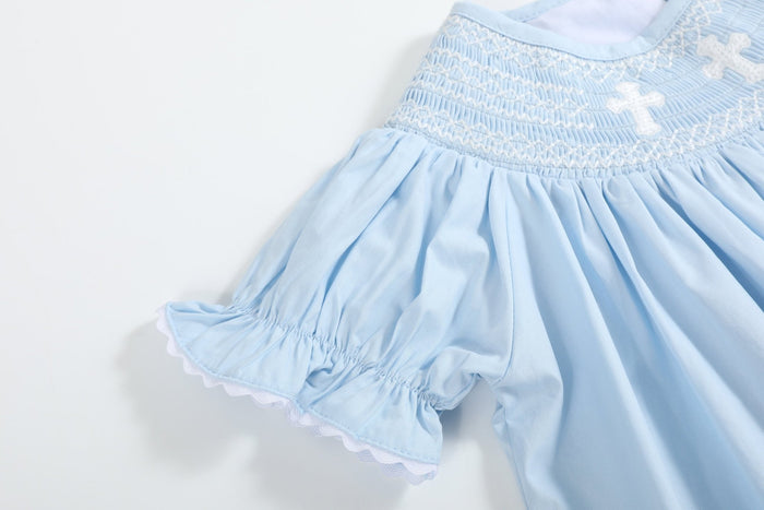 Light Blue Crosses Smocked Bishop Dress - Lil Cactus