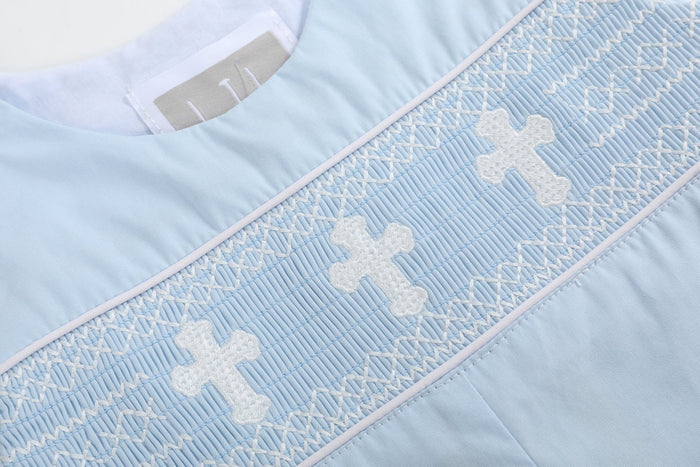 Light Blue Crosses Smocked Overalls - Lil Cactus
